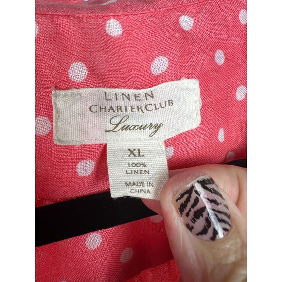 Charter Club Luxury Linen Pink Polka Dot Women's Blouse Roll Tab Sleeves XL - Picture 2 of 6
